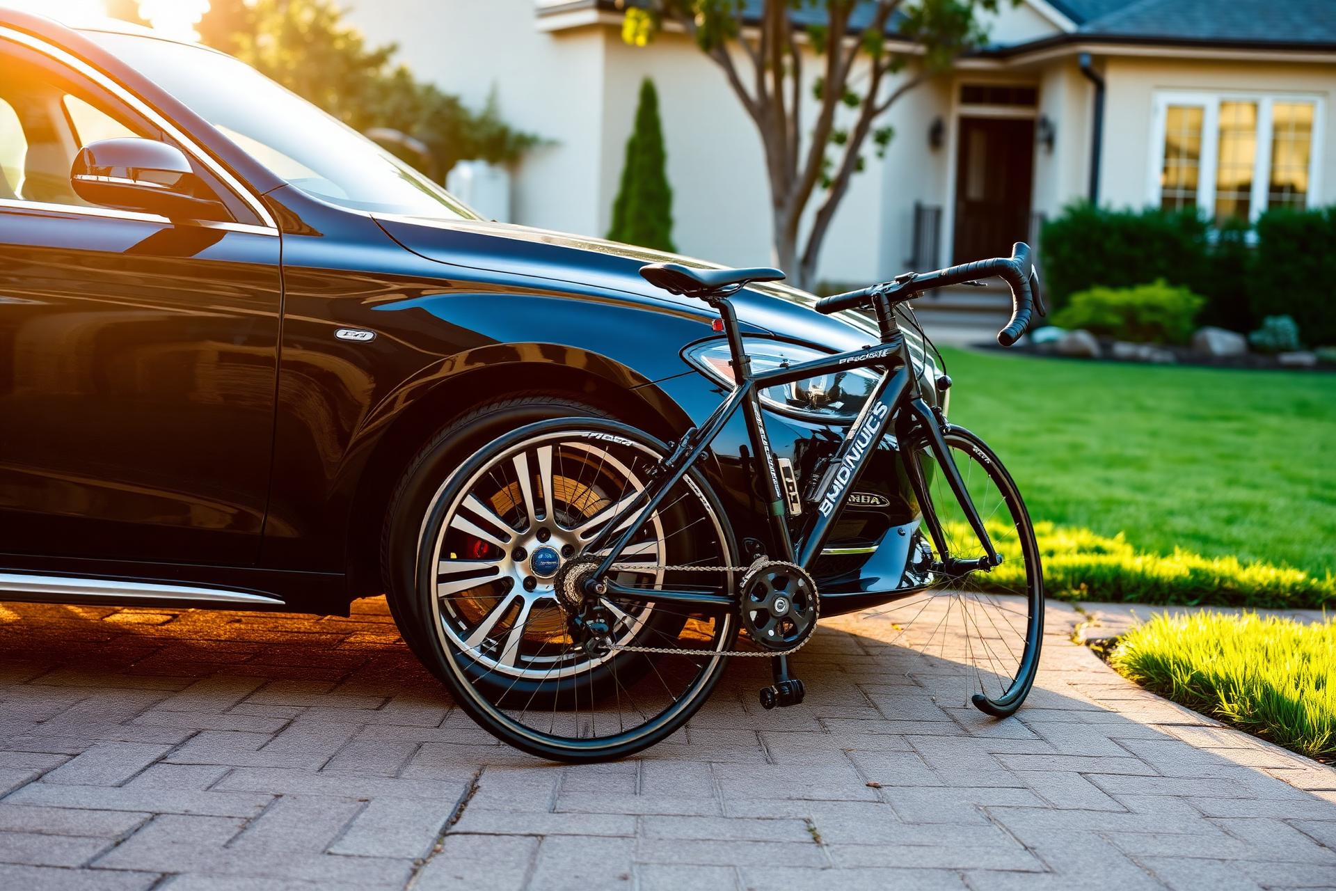 Freshly cleaned car and bicycle in a residential driveway